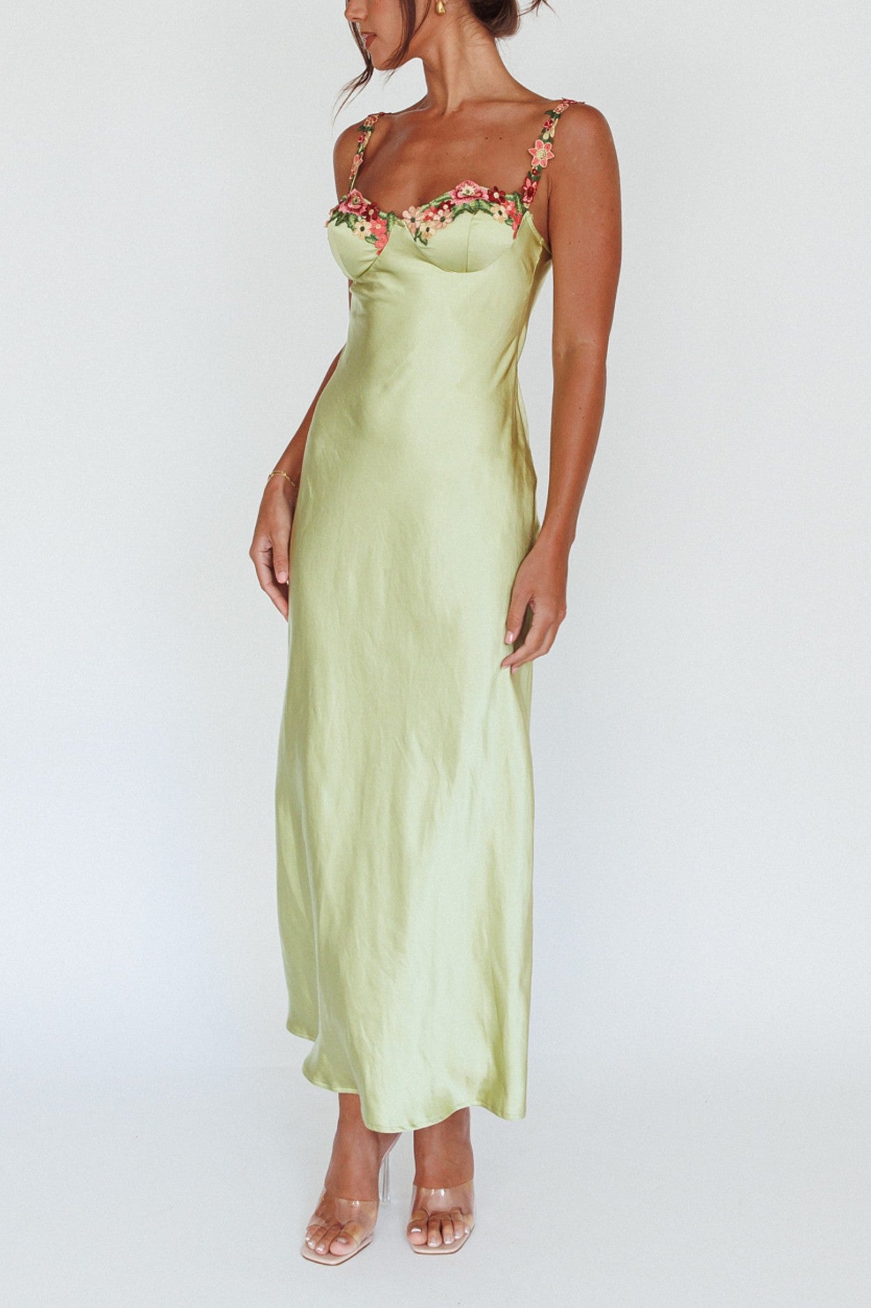 Gloria Lime Green satin maxi