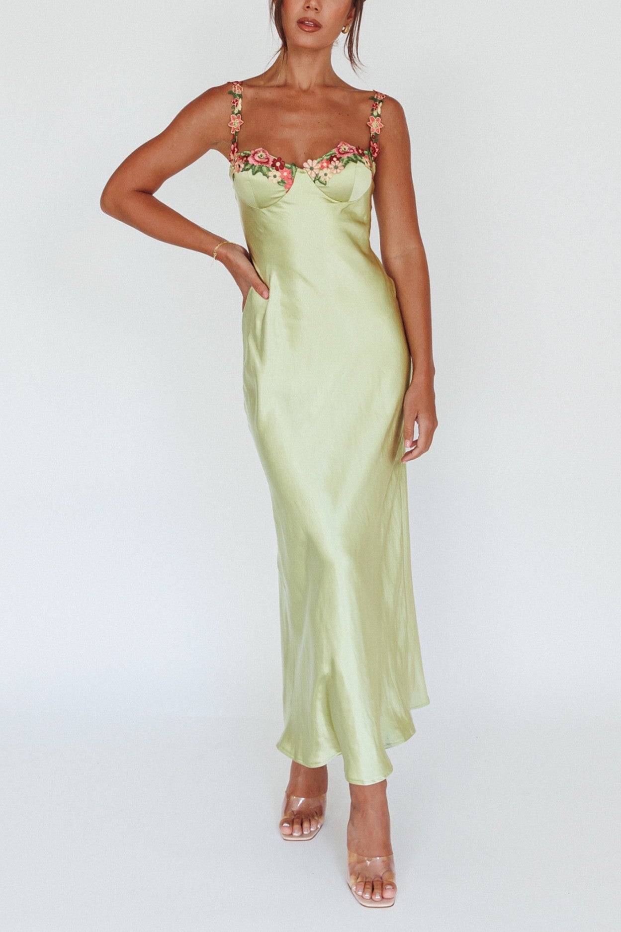 Gloria Lime Green satin maxi