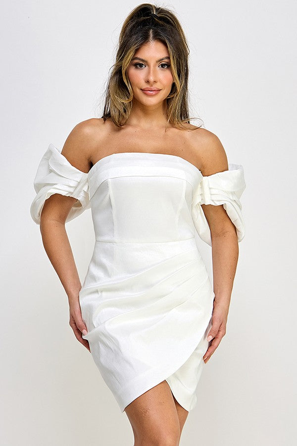 Melisa Off Shoulder Puff Sleeve Tulip Hem Mini Dress