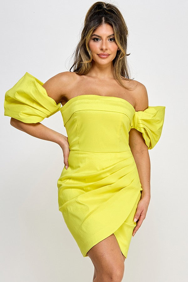 Melisa Off Shoulder Puff Sleeve Tulip Hem Mini Dress