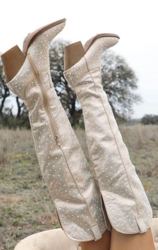 Champagne rhinestone knee high boots