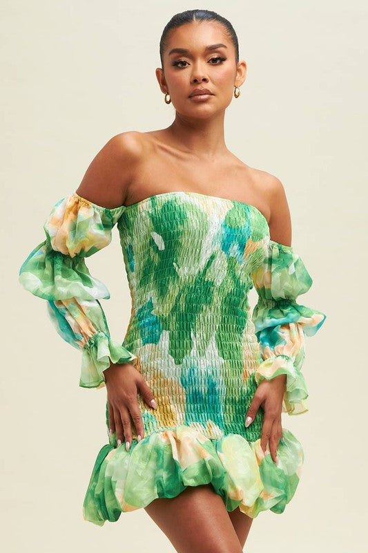 Lime green Multi color Tropical Off shoulder mini dress