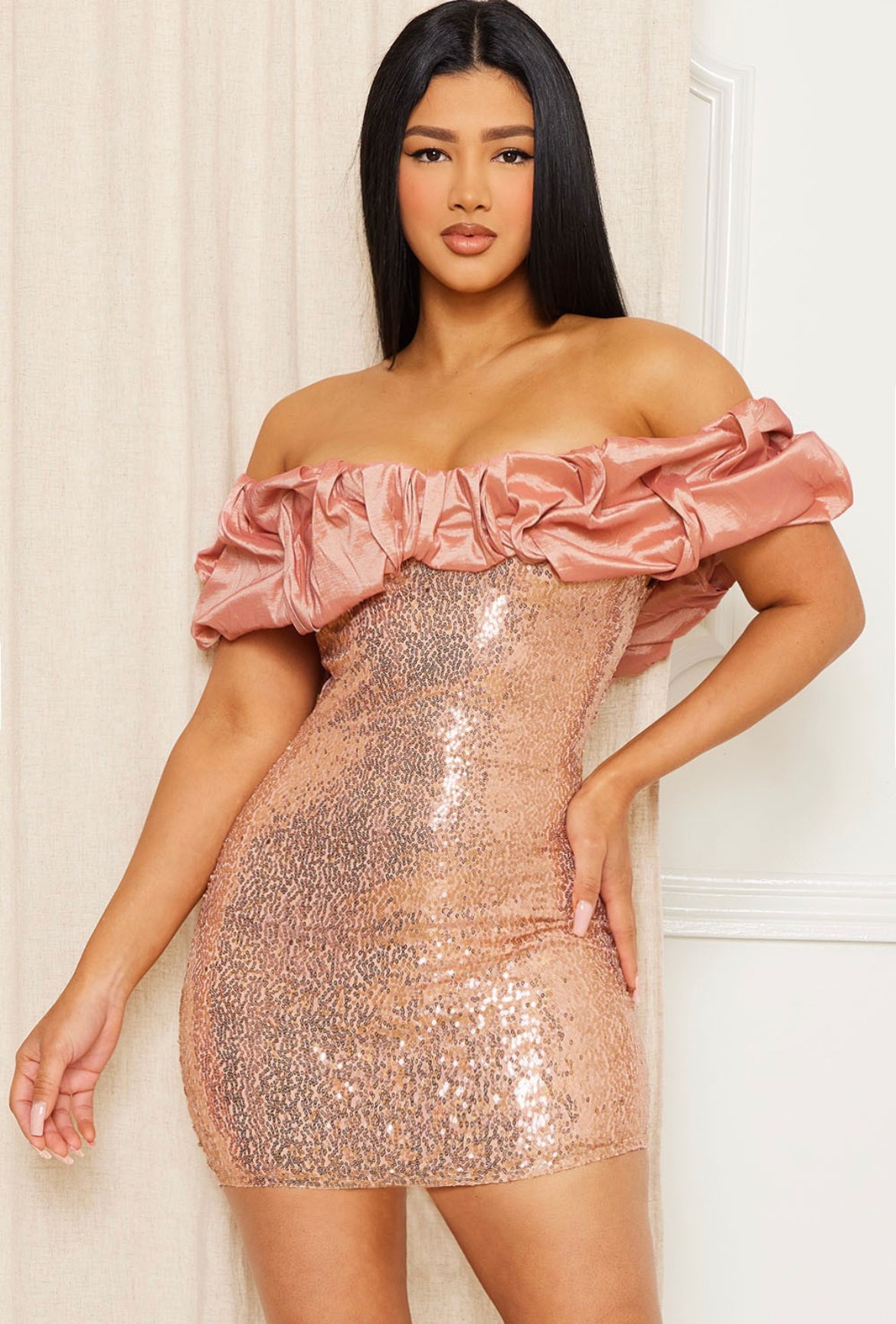 Victoria sequin off shoulder mini dress