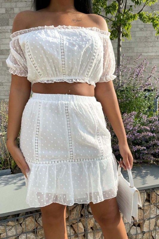 White crochet trim bardot crop top & frill hem skirt