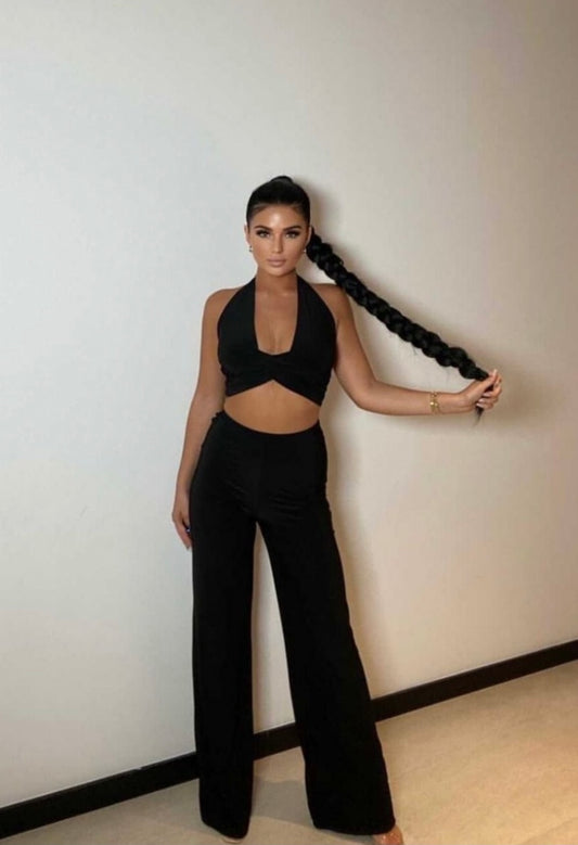 Black Slinky Halterneck Crop top & Wide leg trousers