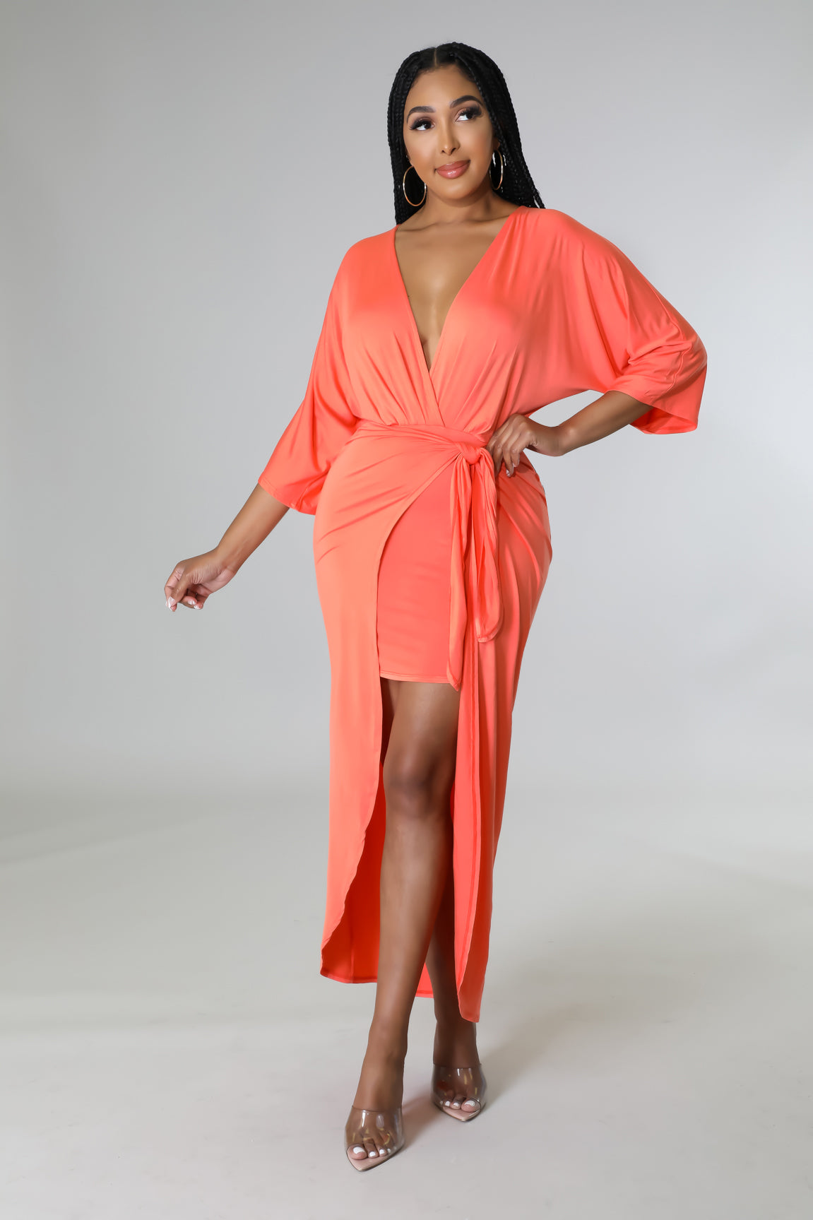 Coral Wrap Midi Dress