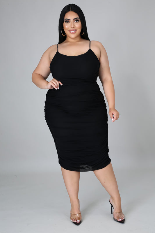 Curvy Black Ruched Midi Dress