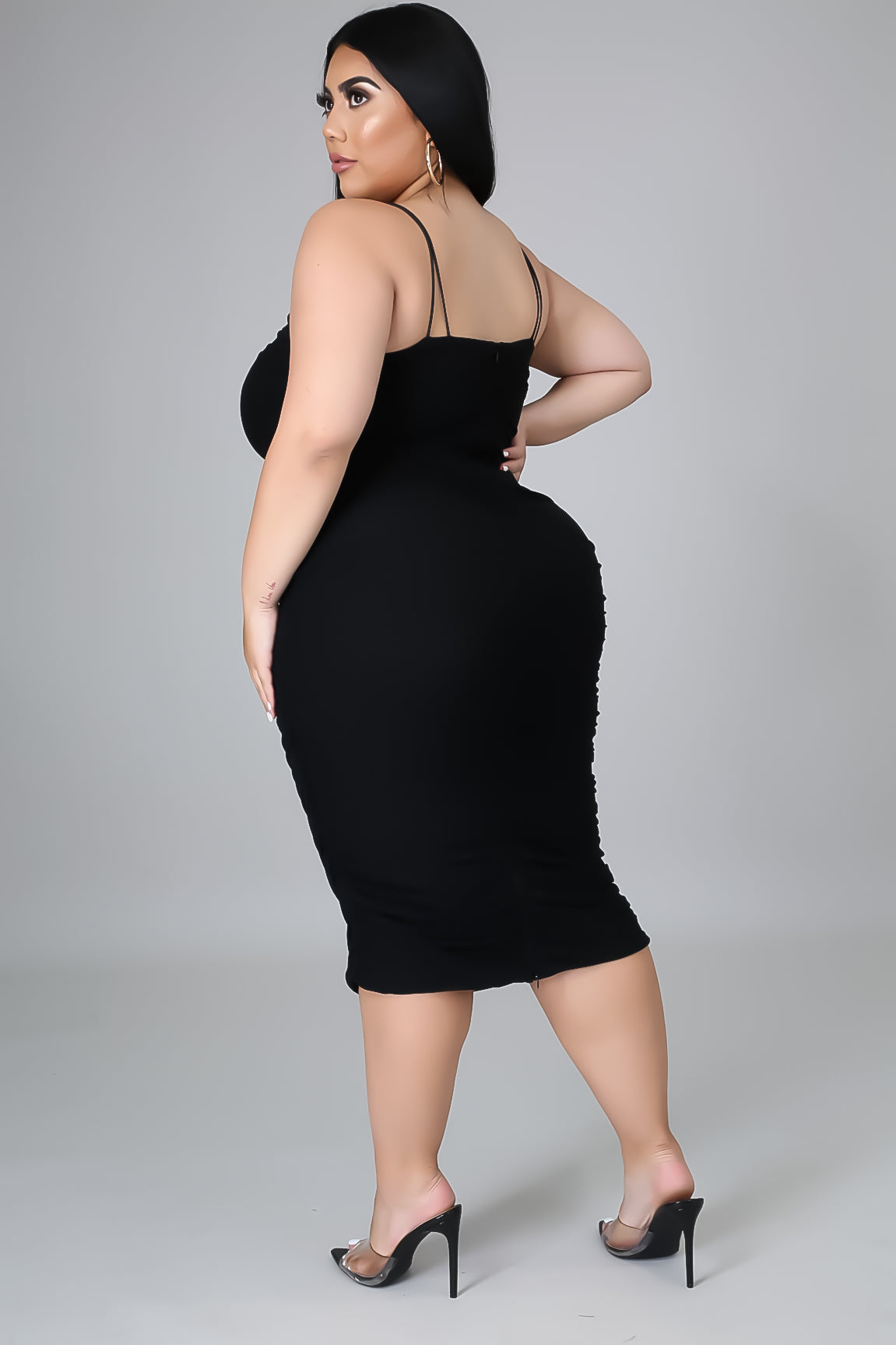 Curvy Black Ruched Midi Dress