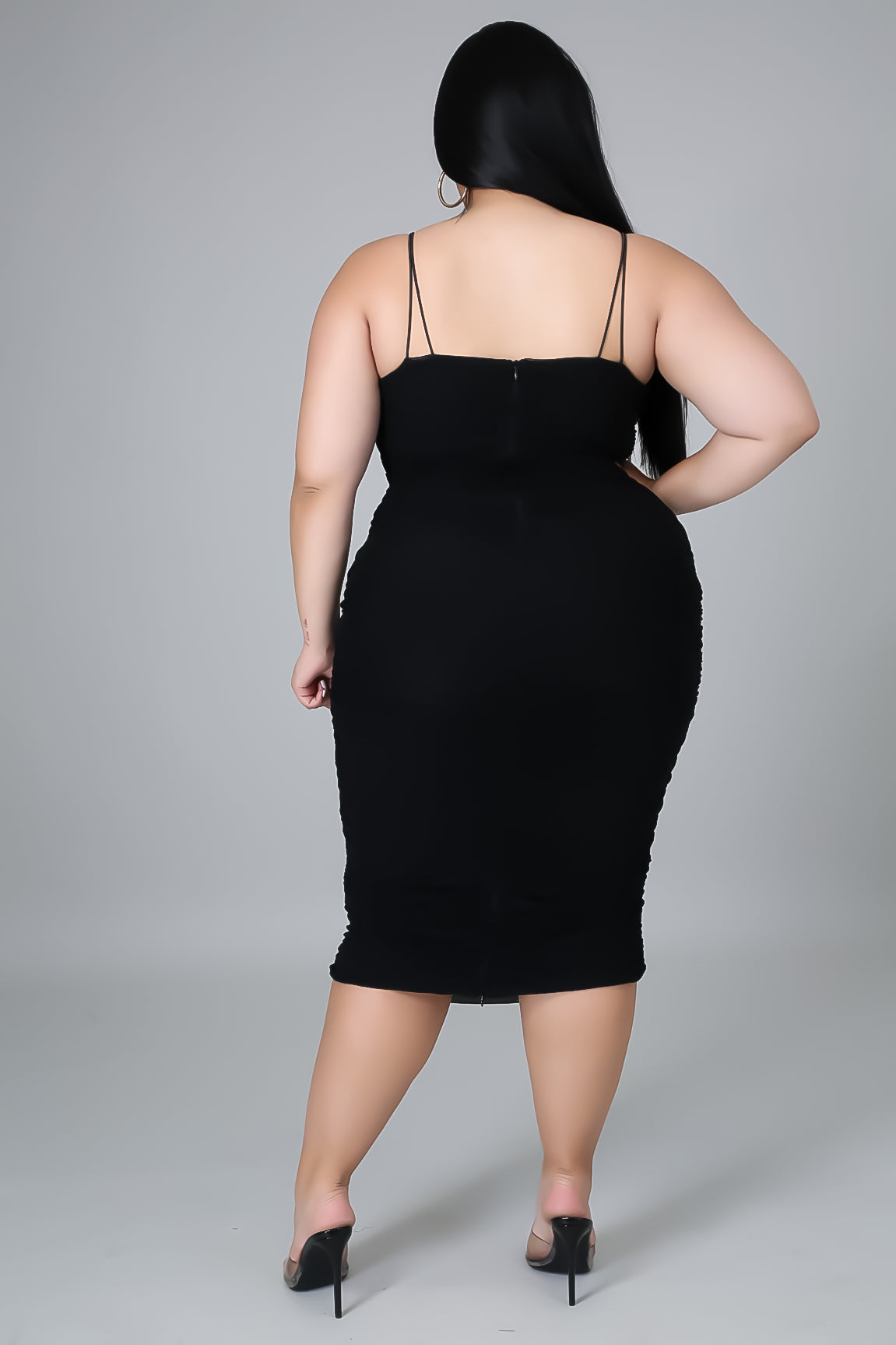 Curvy Black Ruched Midi Dress