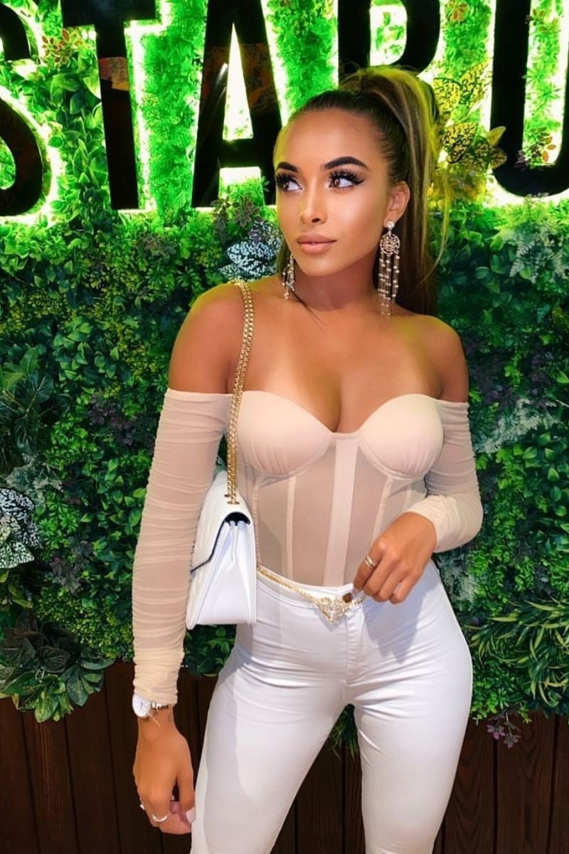 Beige Bustier Long Sleeve Mesh Bodysuit