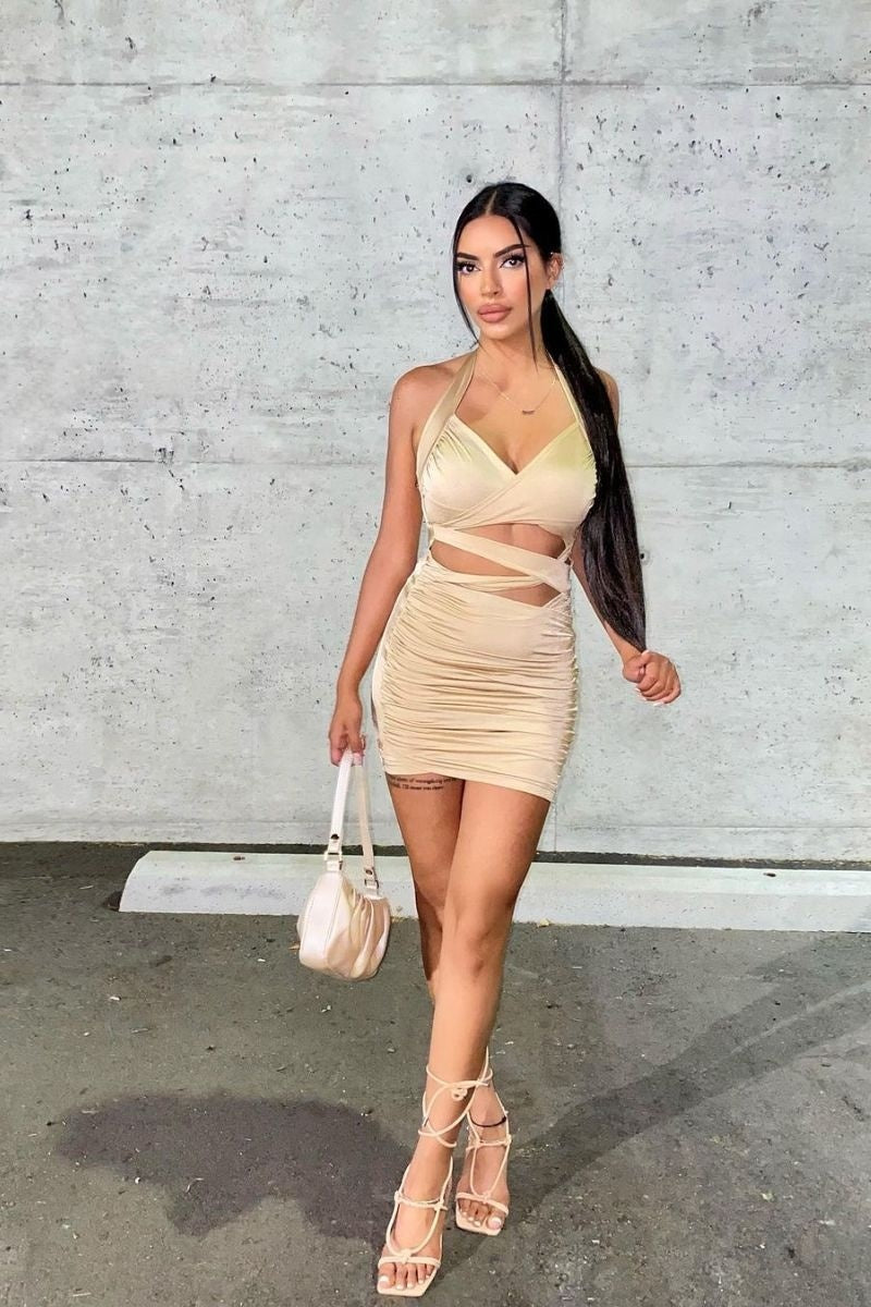 Beige Cross Strap Detail Halterneck Bodycon Dress