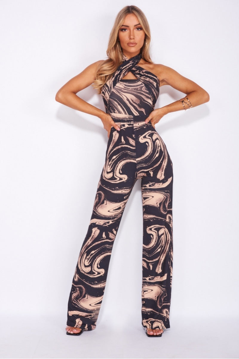 Brown Cross Halterneck Jumpsuit Romper