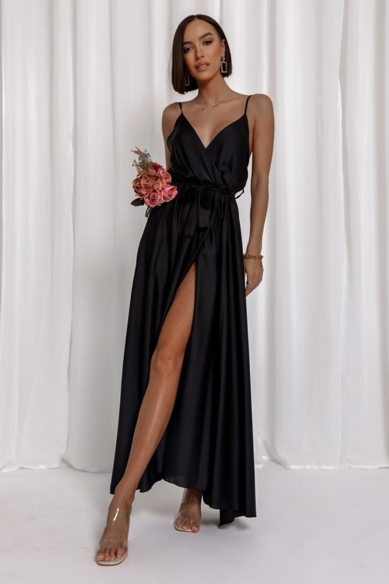 Black Satin Wrapover Strappy Belted Maxi Dress