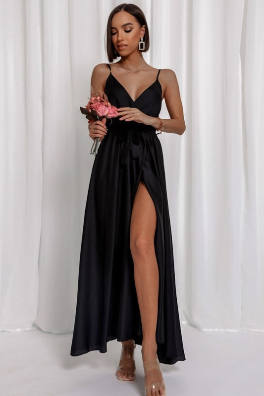 Black Satin Wrapover Strappy Belted Maxi Dress