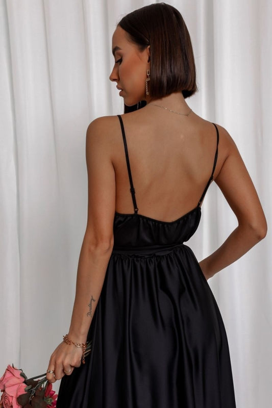 Black Satin Wrapover Strappy Belted Maxi Dress