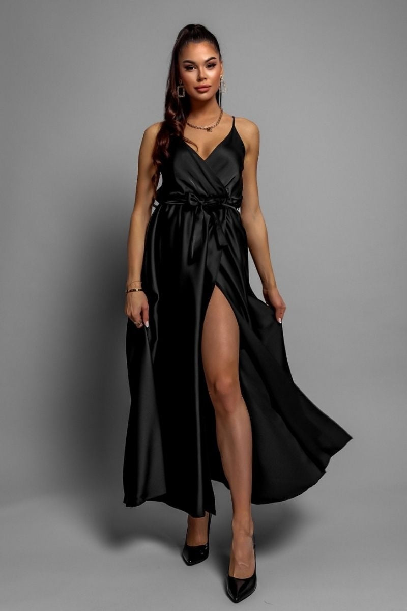 Black Satin Wrapover Strappy Belted Maxi Dress