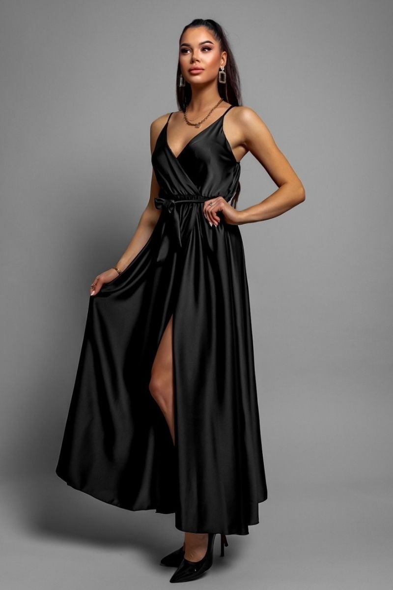 Black Satin Wrapover Strappy Belted Maxi Dress