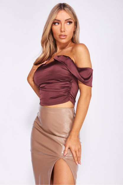 Brown Satin Draped Sleeve Ruched Top