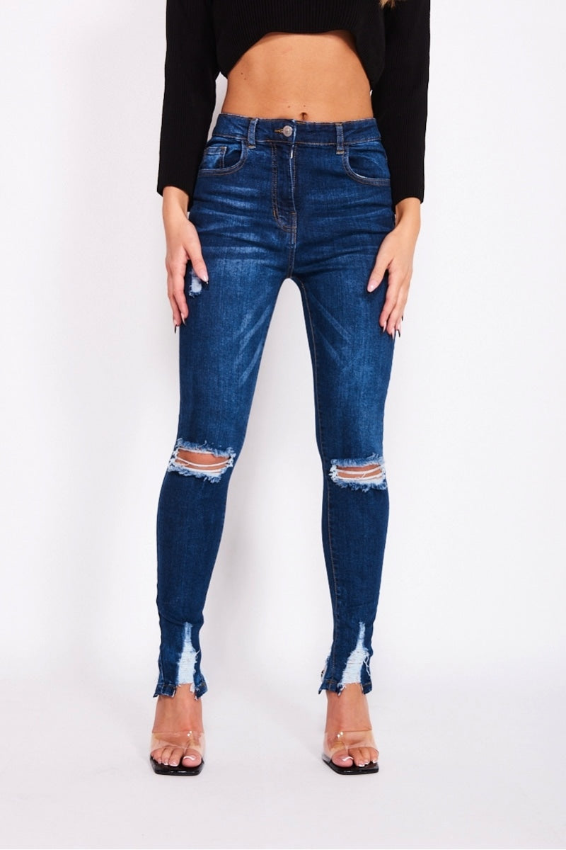 Dark Blue Distressed Hem Skinny Jeans