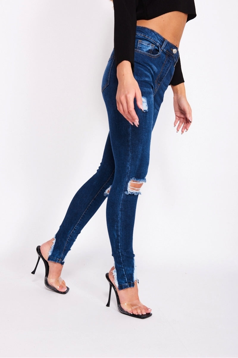 Dark Blue Distressed Hem Skinny Jeans