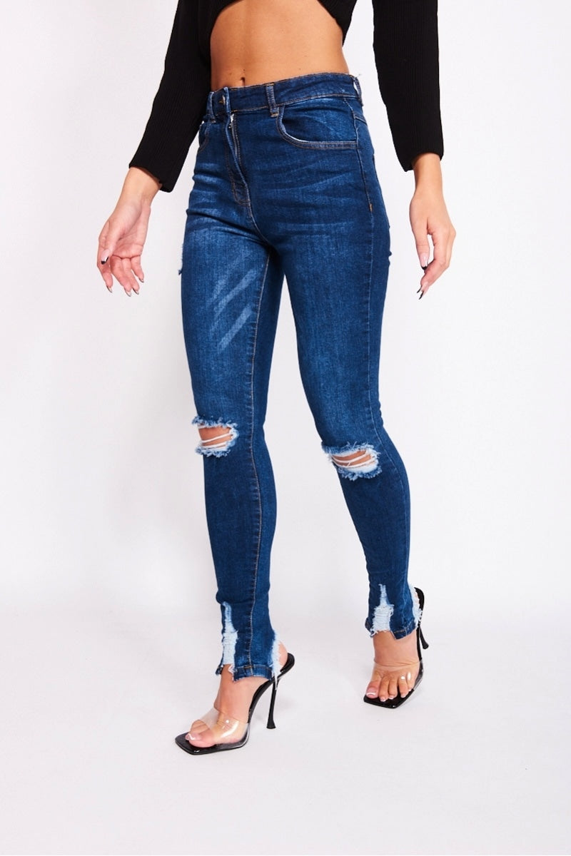 Dark Blue Distressed Hem Skinny Jeans