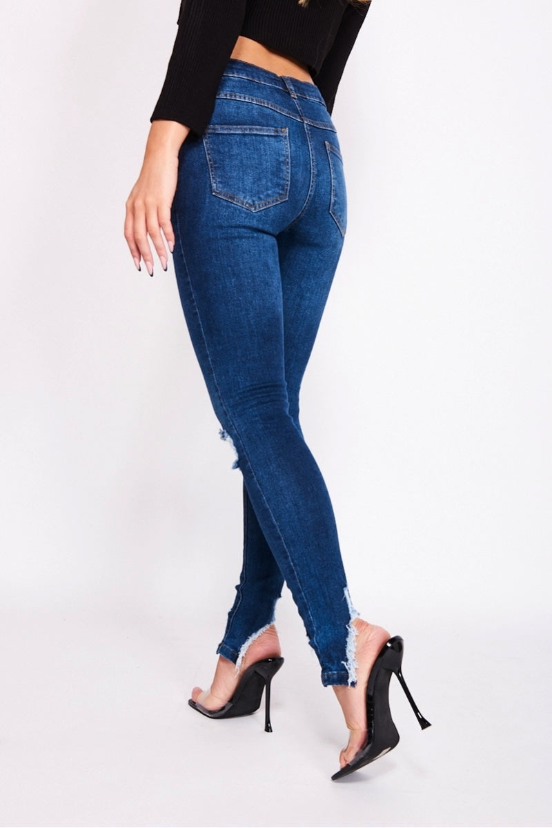 Dark Blue Distressed Hem Skinny Jeans