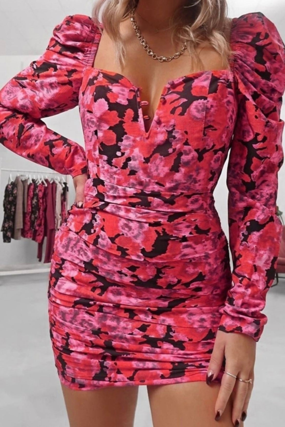 Black and pink floral balloon sleeve mini dress