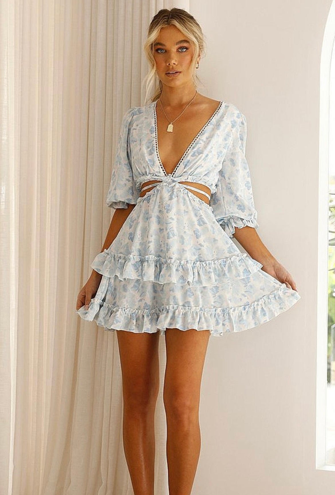 Blue floral waist cut out dress