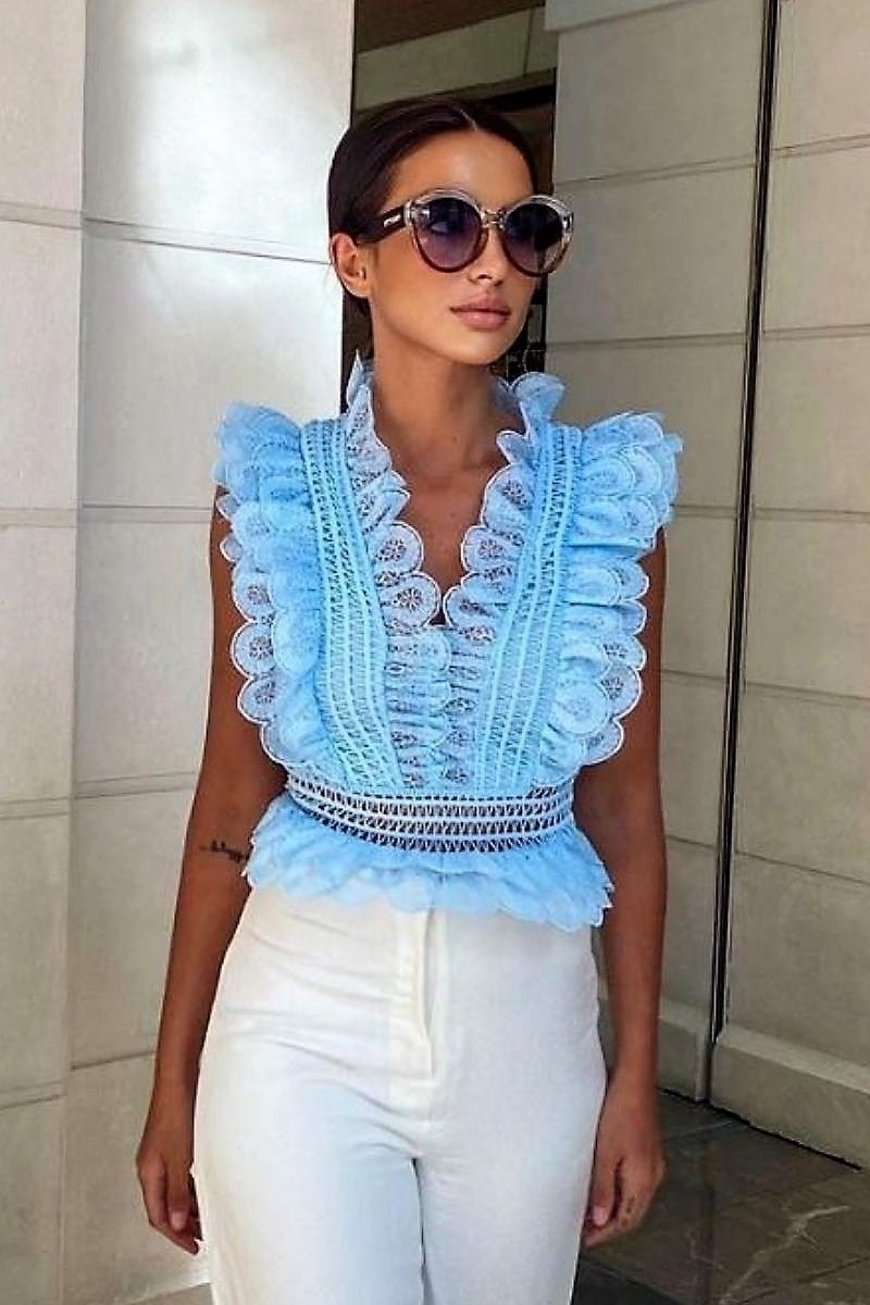 Light Blue Crochet Lace Frill Neck & Sleeve Detail Top