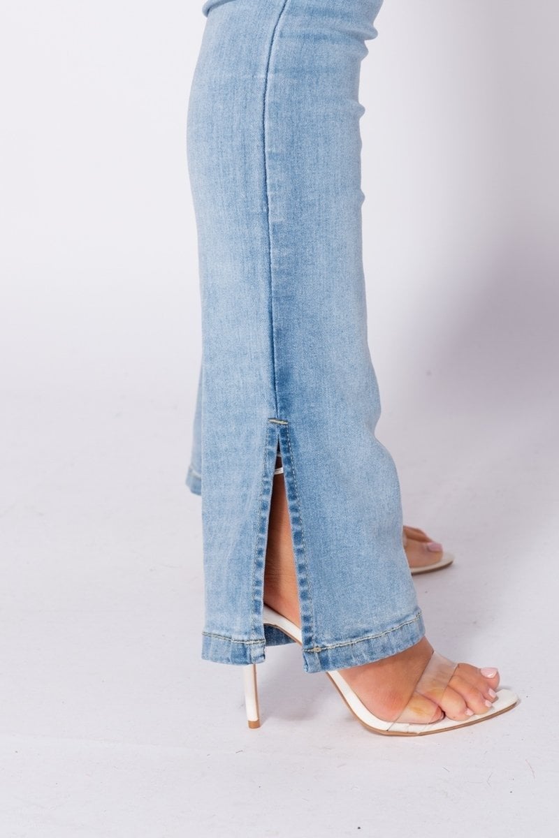 Light Blue Side Slit Detail High Waist Flared Jeans