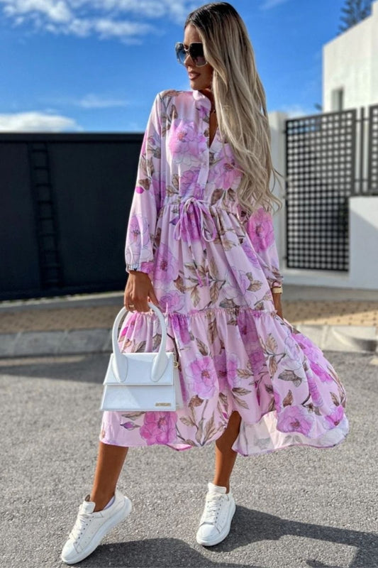 Lilac Floral Balloon Sleeve Tiered Maxi Dress
