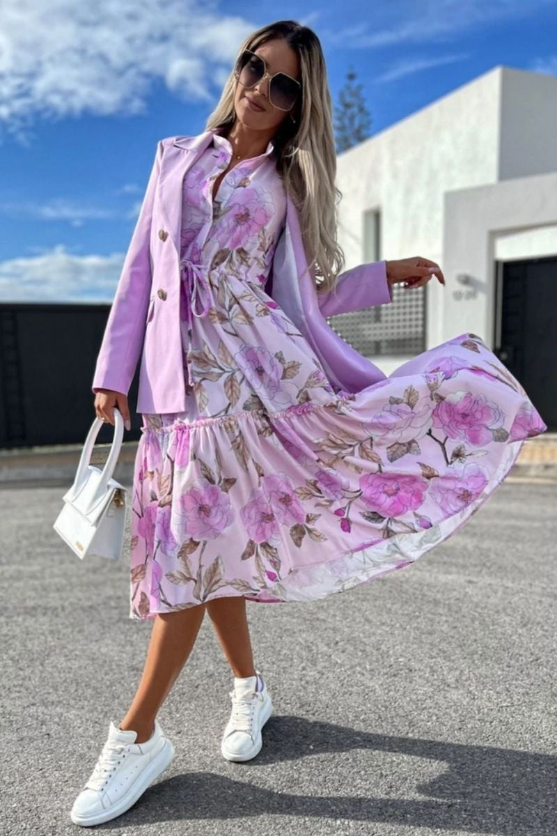 Lilac Floral Balloon Sleeve Tiered Maxi Dress