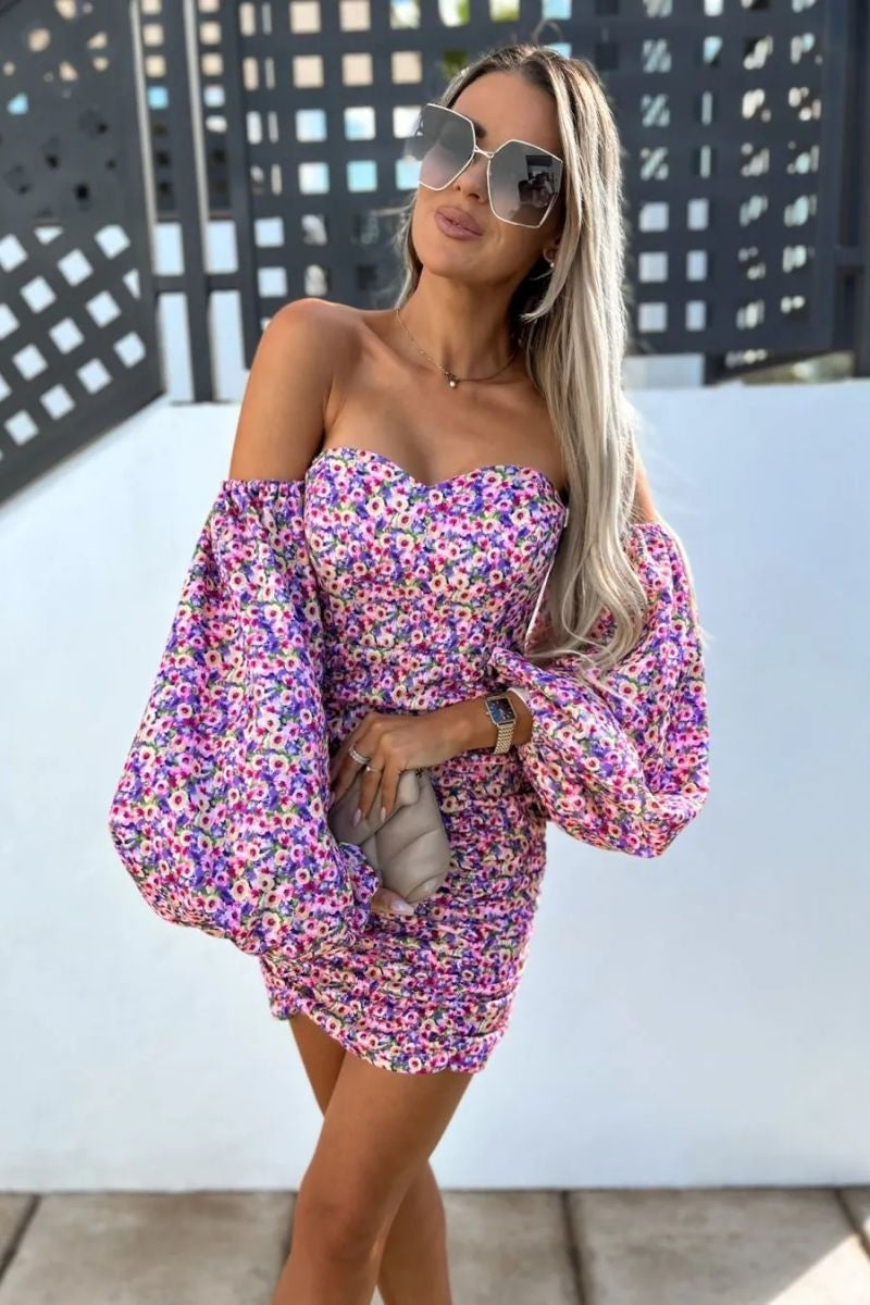 Lilac Floral Ruched Bardot Puff Sleeve Mini Dress