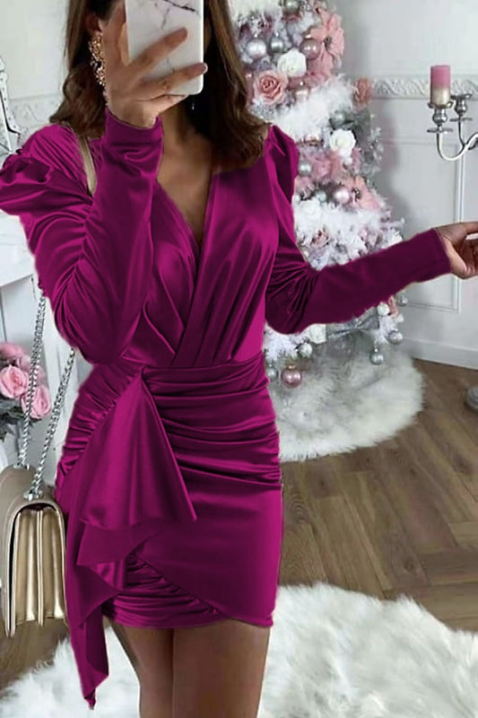 Leilah Magenta Satin Ruffle Wrap dress