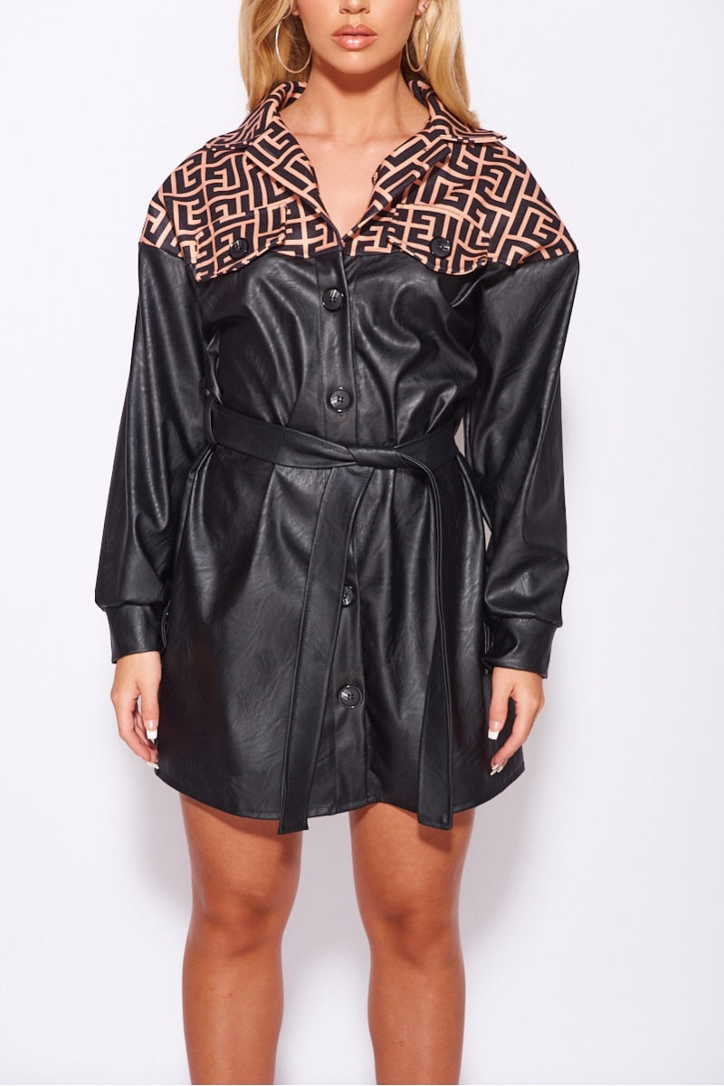 Mocha Monogram Contrast Faux Leather Shirt Dress