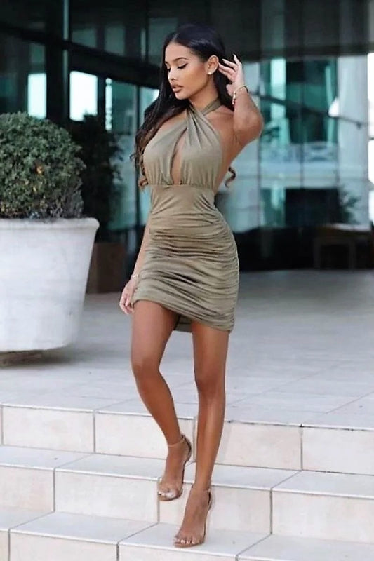 Olive Slinky Cross Over Halterneck Bodycon Dress