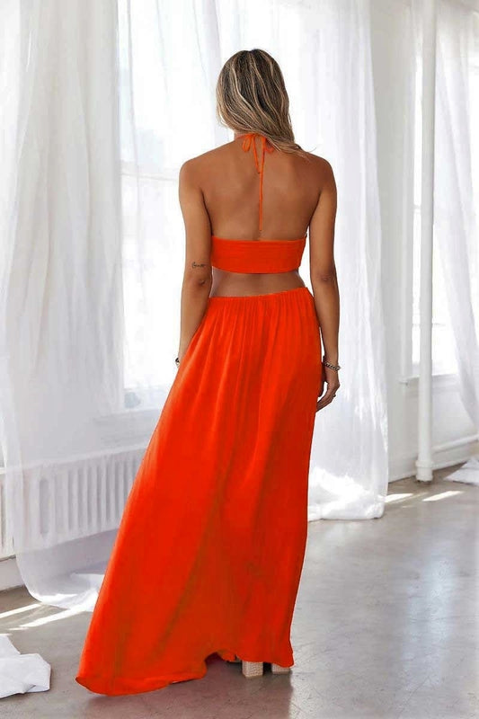 Orange Cut Out Waist Halterneck Maxi Dress