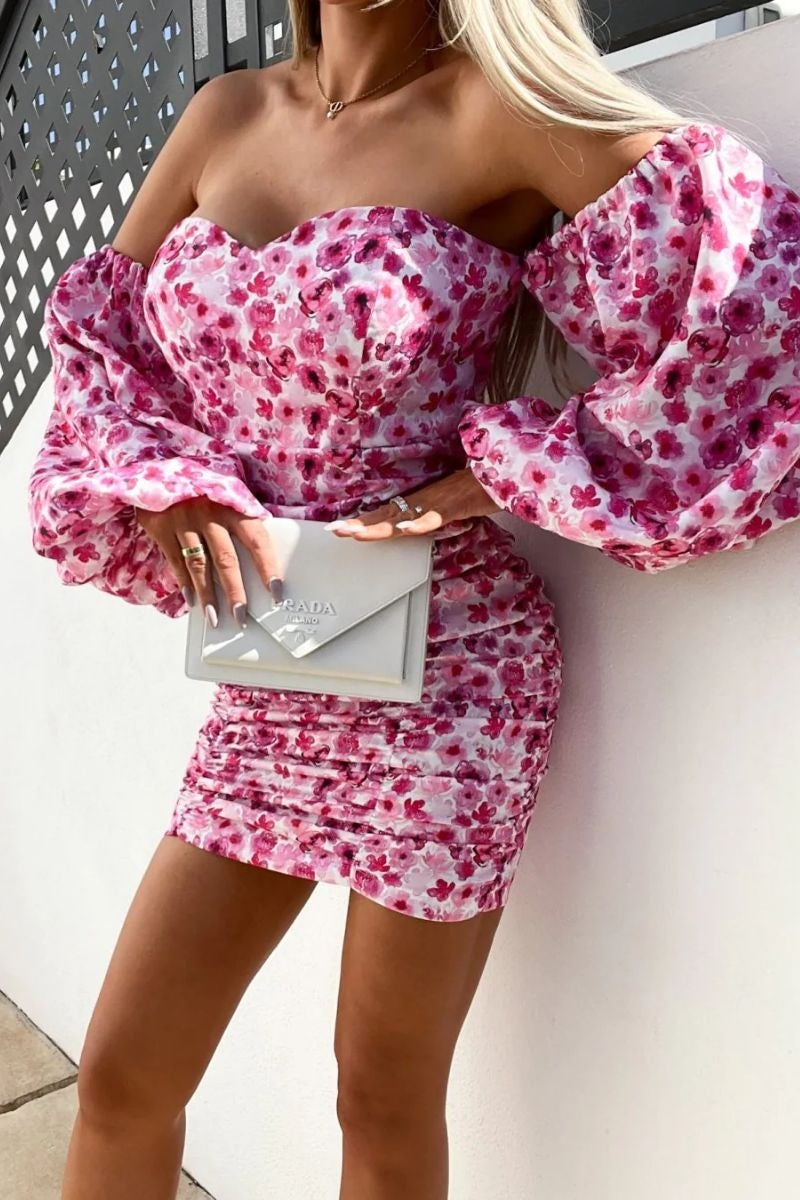 Pink Amy Floral Ruched Bardot Puff Sleeve Mini Dress