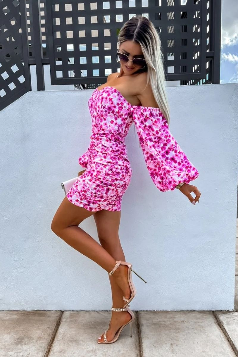 Pink Amy Floral Ruched Bardot Puff Sleeve Mini Dress