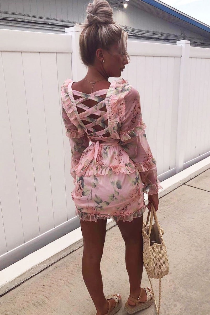 Pink Floral Tie Back Ruffle Trim Mini Dress