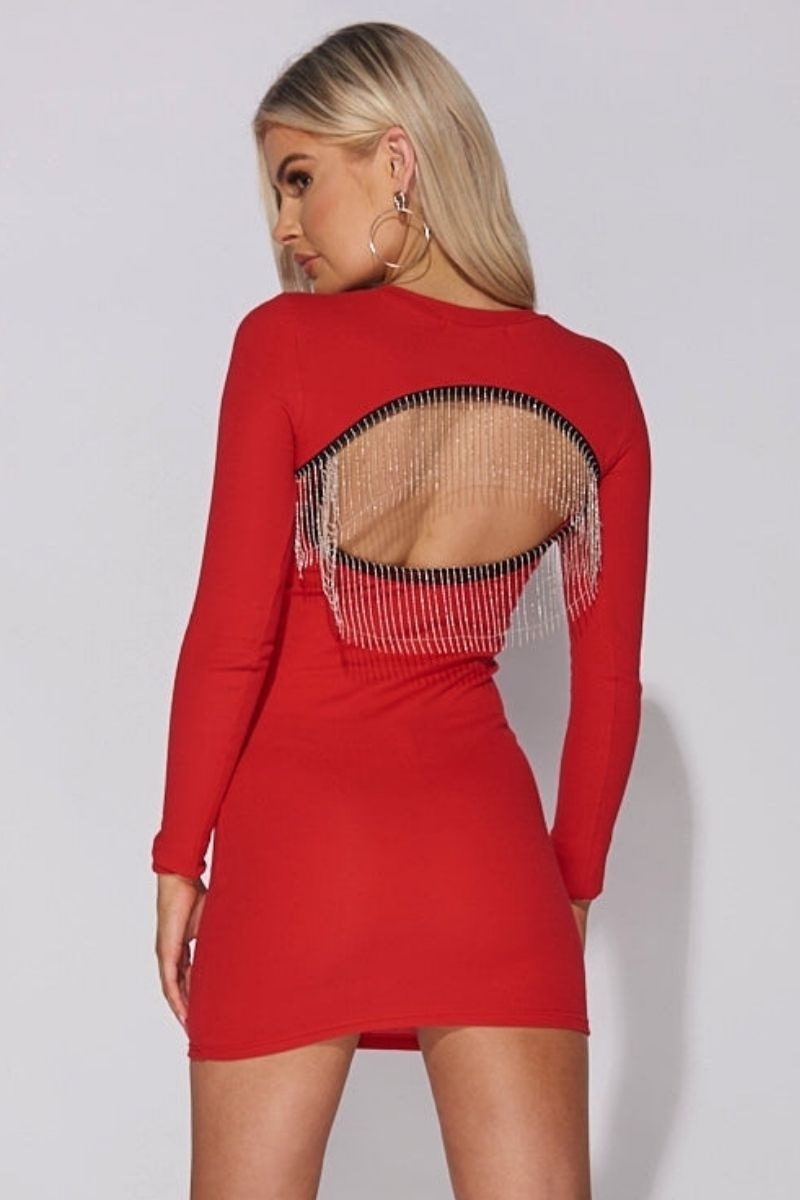 Red Rib Knit Chain Trim Open Back Mini Dress