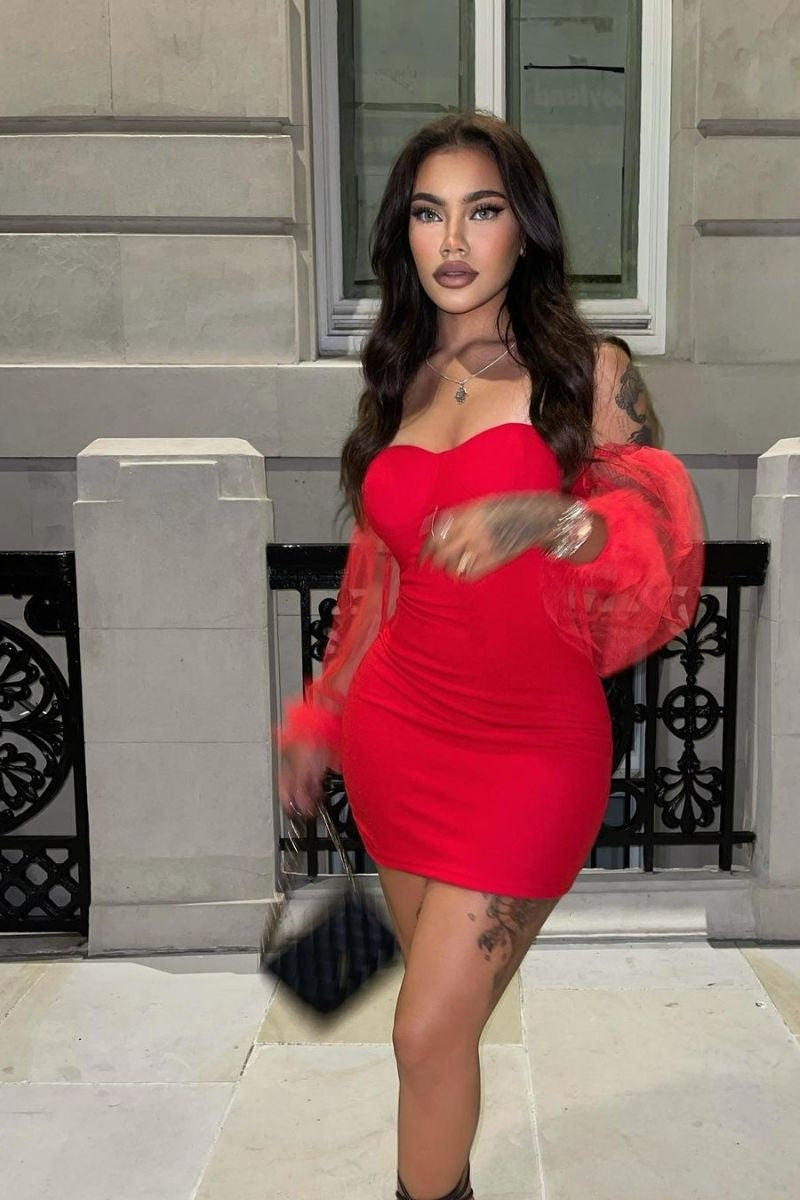 Red Sheer Sleeve Bustier Bodycon Mini dress