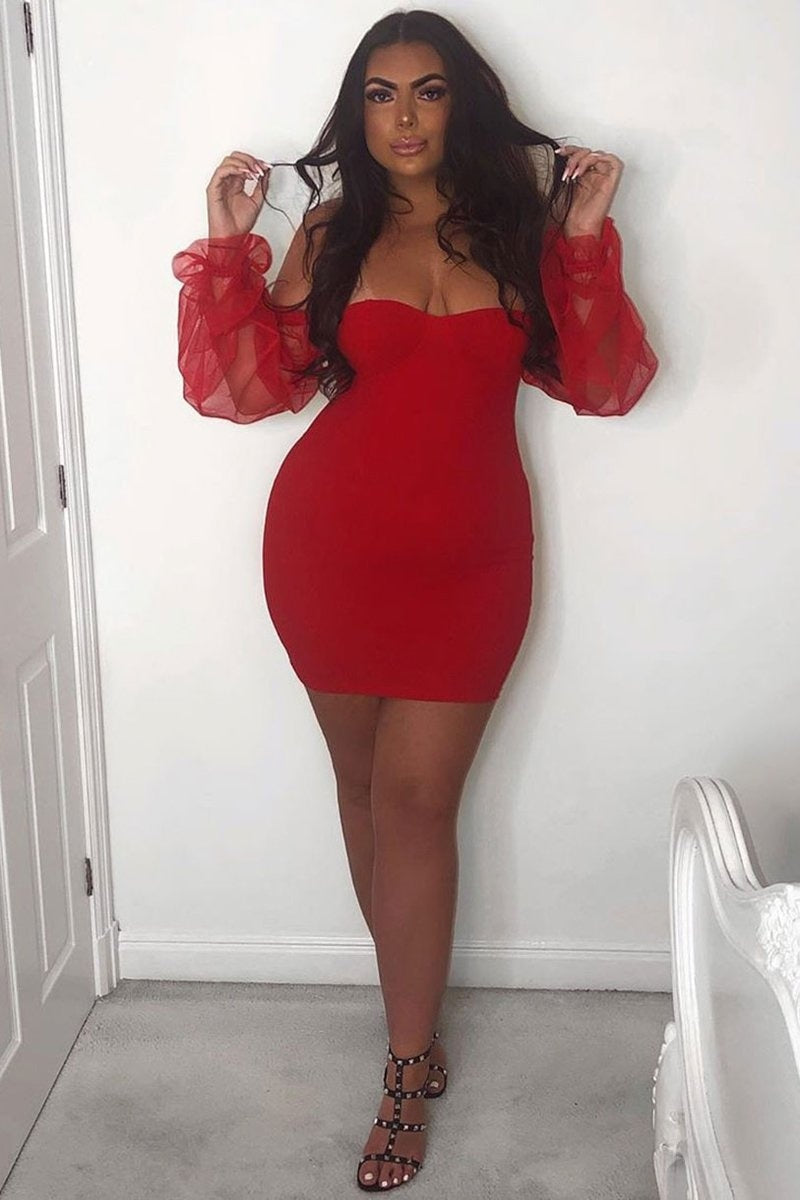 Red Sheer Sleeve Bustier Bodycon Mini dress