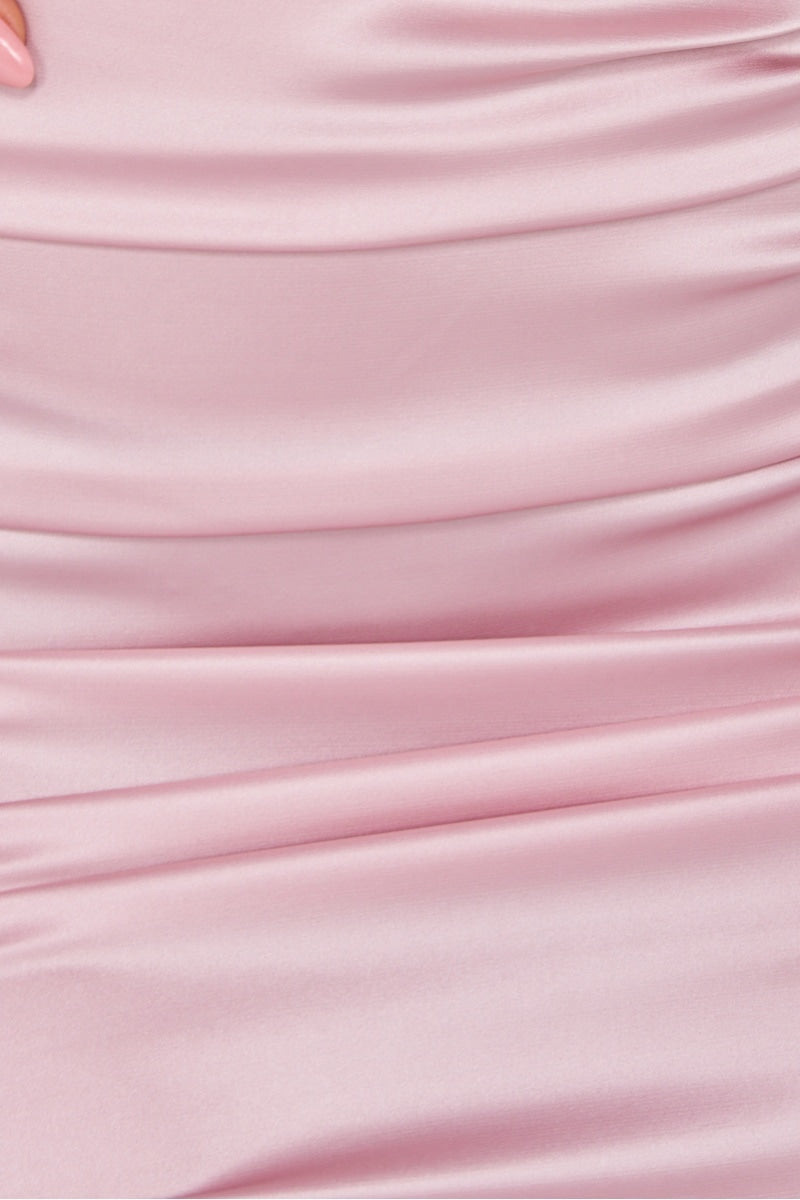 Rose Pink Satin Cowl Neck ruched midi dress