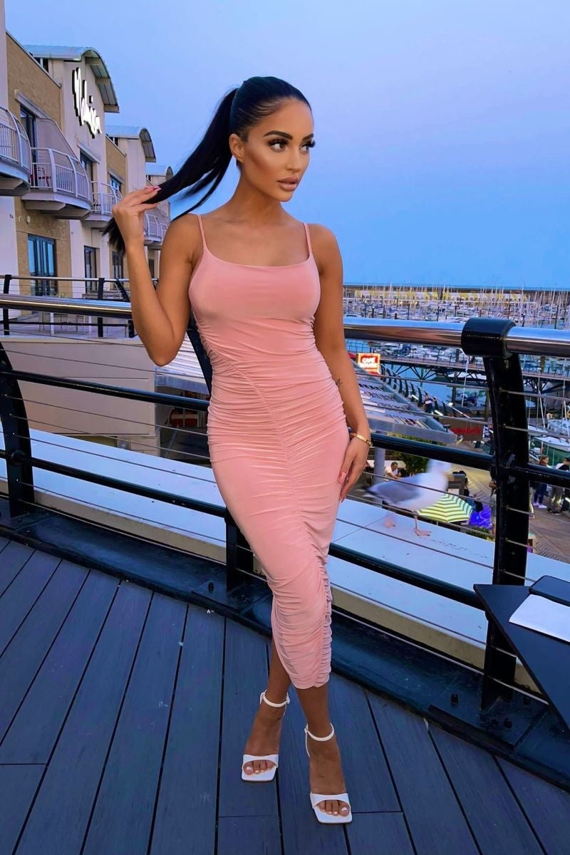 Pink Slinky Ruched Side Cami Strap Midi Dress