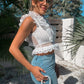 White Crochet Lace Frill Neck & Sleeve Detail Top