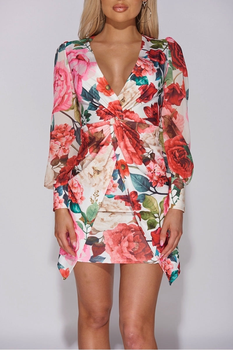 Lauren White and pink floral balloon sleeve wrap detail split mini dress