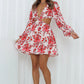 Tami White Red Floral Cut Out Waist Balloon Sleeve Skater Dress