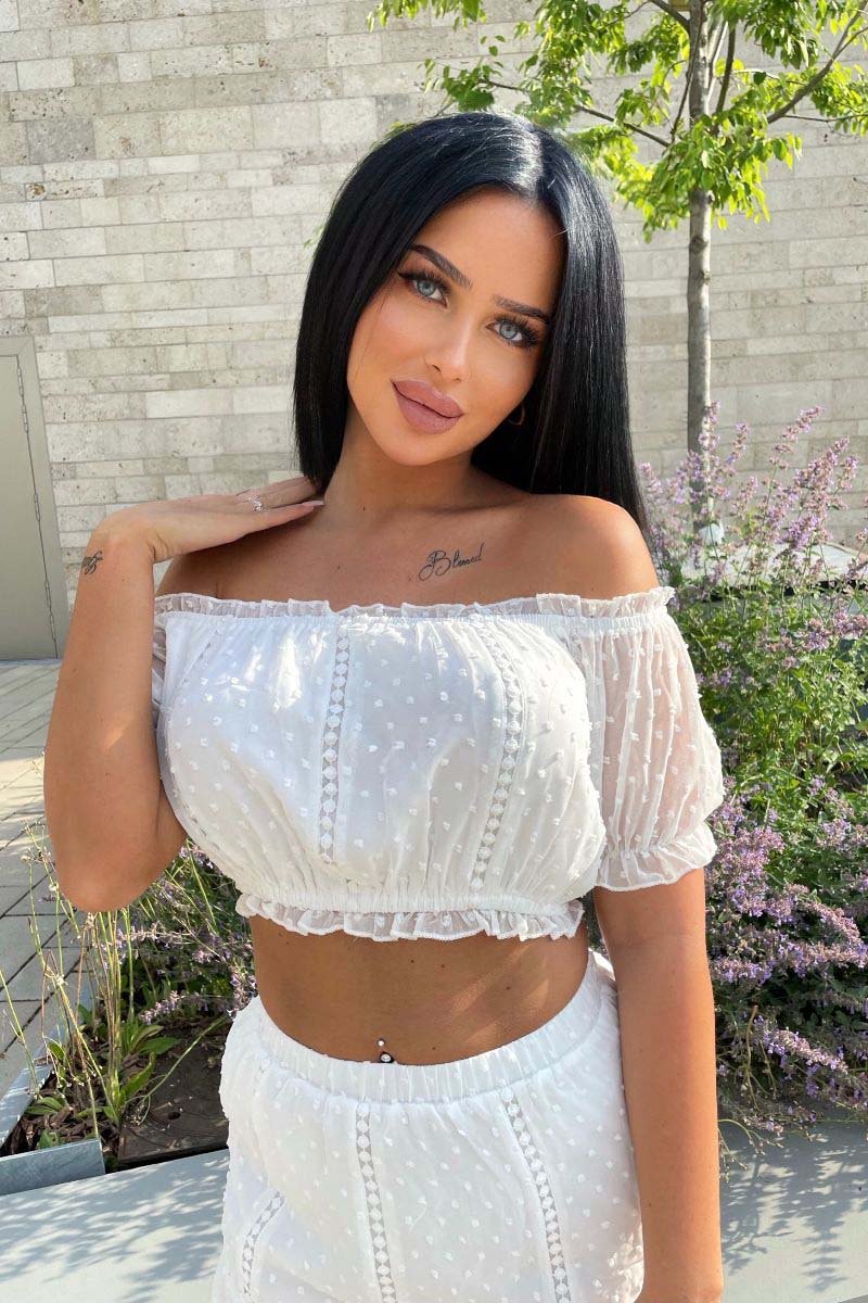 White crochet trim bardot crop top & frill hem skirt